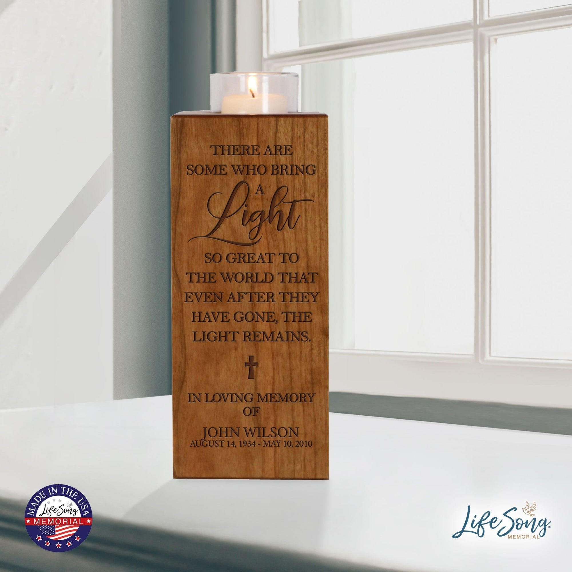 Custom Engraved Memorial Square Vertical Single Votive Candle Holder and Urn holds 70 cu in of ashes in English Verse (Family, Daughter, Brother and Husband) - LifeSong Milestones