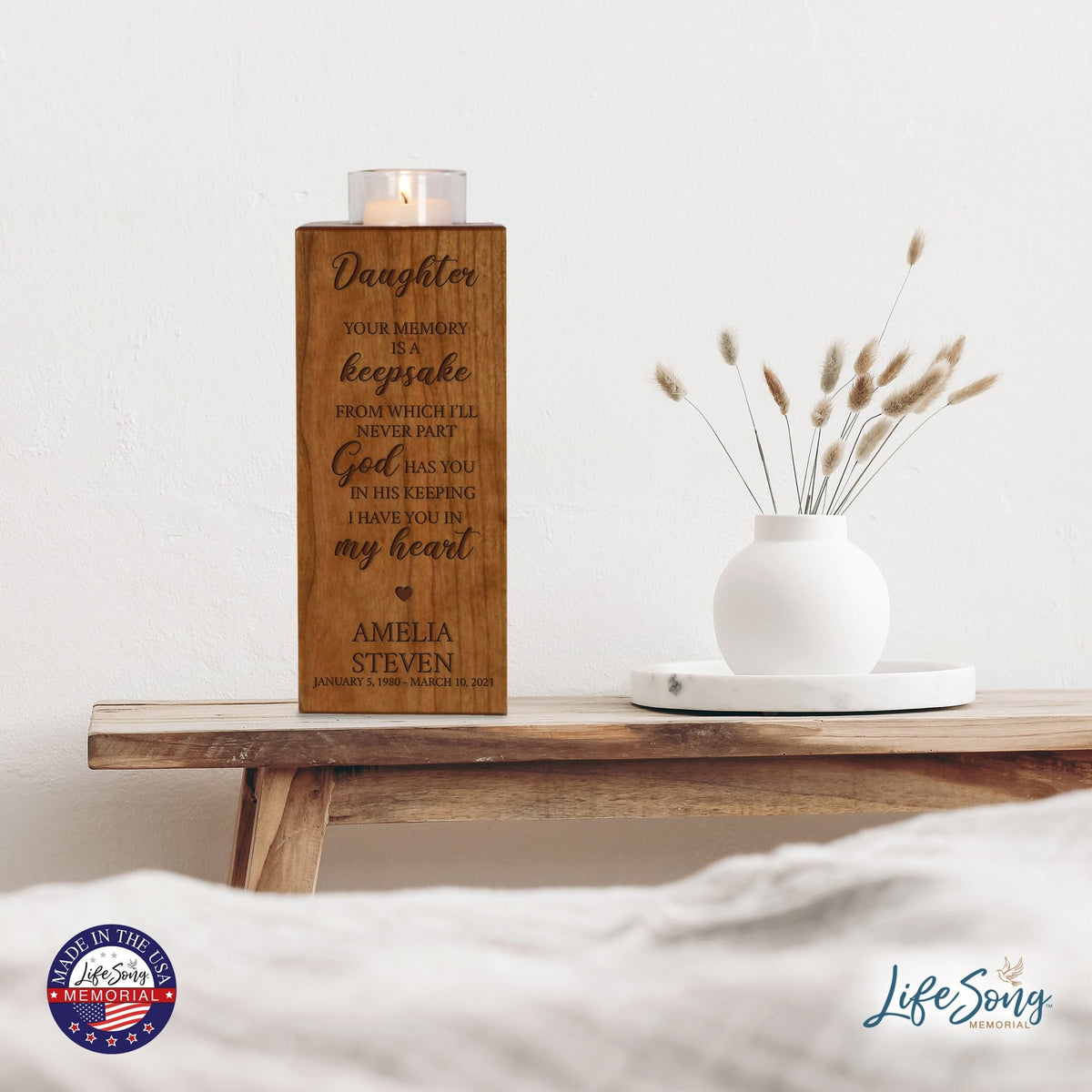 Custom Engraved Memorial Square Vertical Single Votive Candle Holder and Urn holds 70 cu in of ashes in English Verse (Family, Daughter, Brother and Husband) - LifeSong Milestones