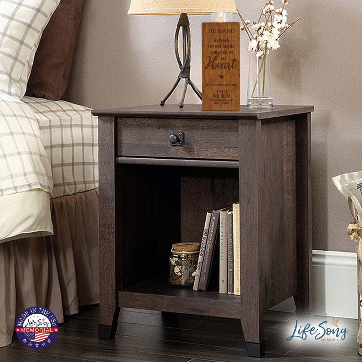 Custom Engraved Memorial Square Vertical Single Votive Candle Holder and Urn holds 70 cu in of ashes in English Verse (Family, Daughter, Brother and Husband) - LifeSong Milestones