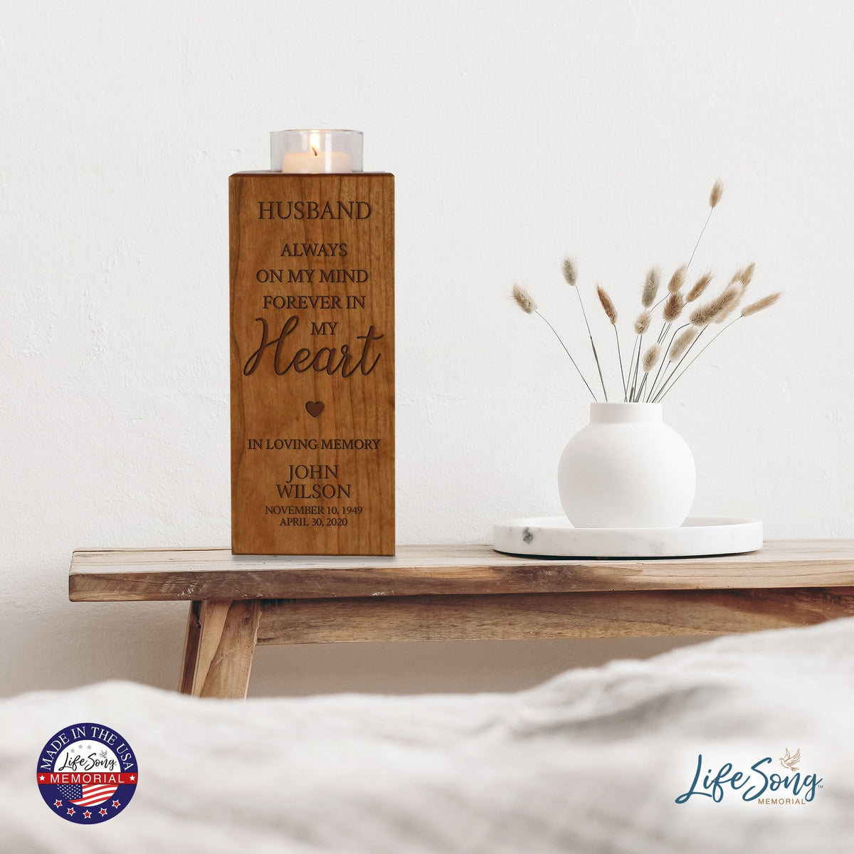 Custom Engraved Memorial Square Vertical Single Votive Candle Holder and Urn holds 70 cu in of ashes in English Verse (Family, Daughter, Brother and Husband) - LifeSong Milestones