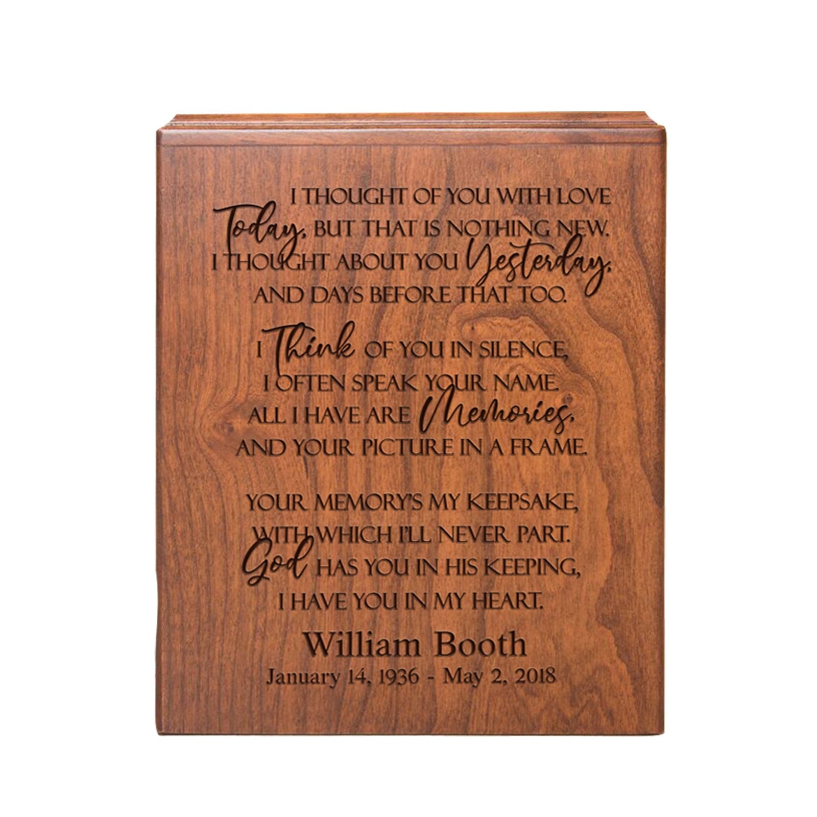 Custom Engraved Memorial Urn Box for Human Ashes holds 280 cu in I Thought Of You - LifeSong Milestones