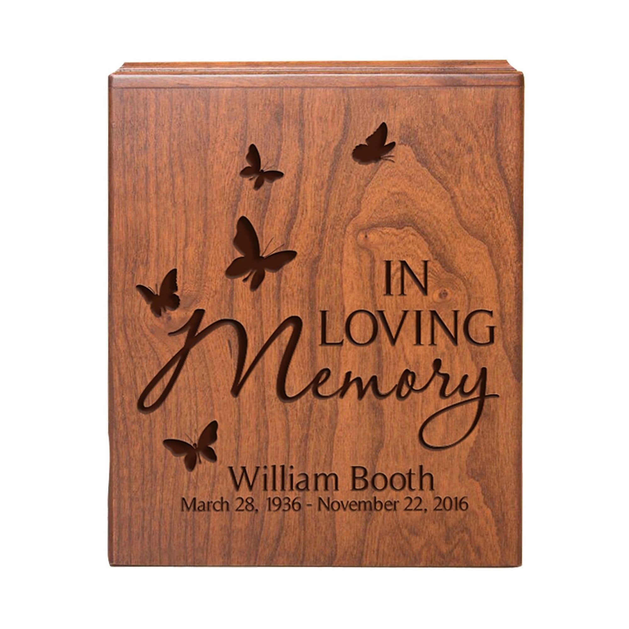 Custom Engraved Memorial Urn Box for Human Ashes holds 280 cu in In Loving Memory Butterflies - LifeSong Milestones