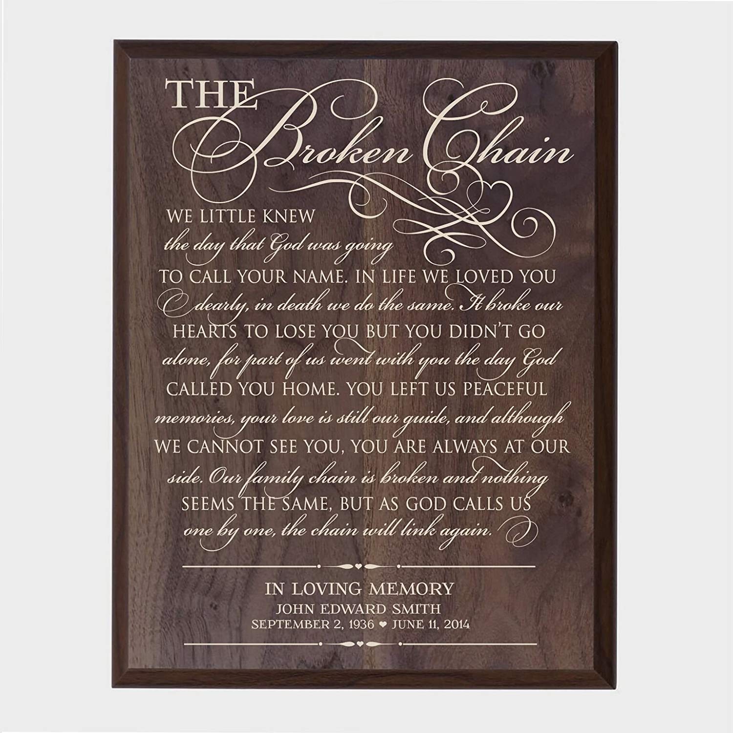 Custom Engraved Memorial Wooden Wall Plaque The Broken Chain 12x15 - LifeSong Milestones