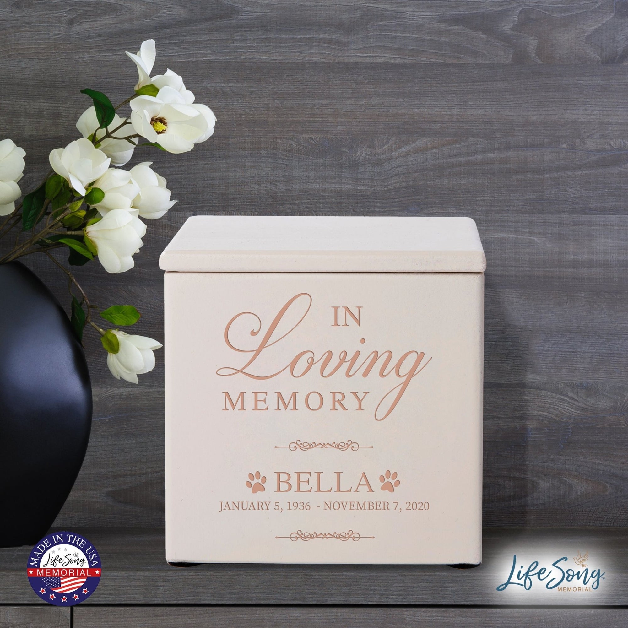 Custom Engraved Pet Memorial Cremation Keepsake Urn Box Holds 49 Cu Inches Of Pet Ashes In Loving Memory (Bella) - LifeSong Milestones