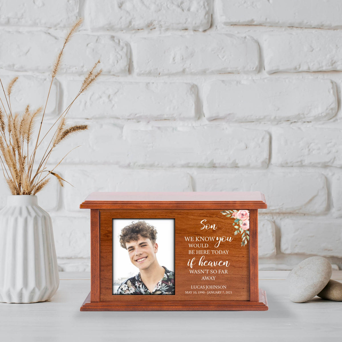 Beautifully Crafted Wooden Urn Box with Picture Frame for Human Ashes