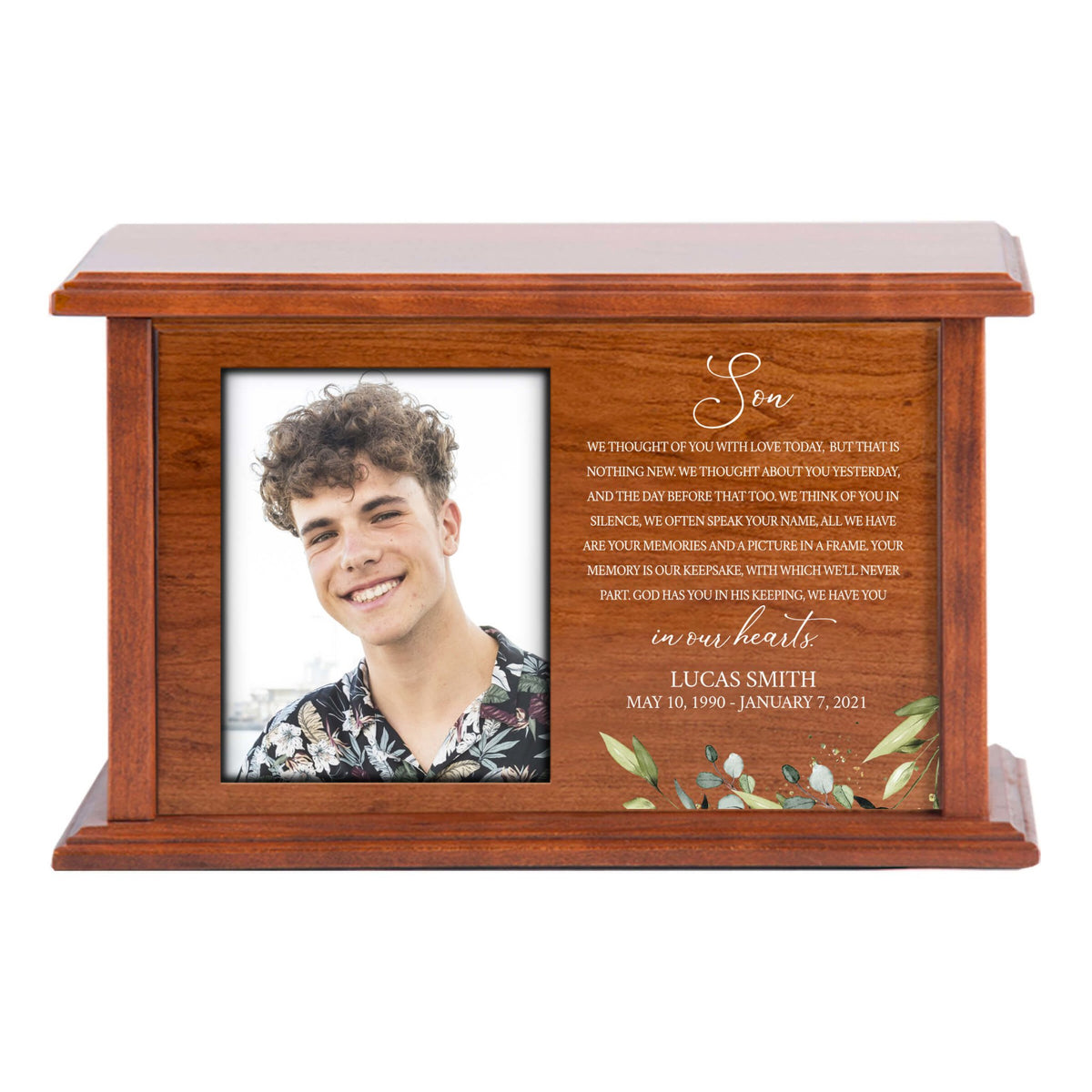 Customizable Wooden Urn Box with Photo for Son