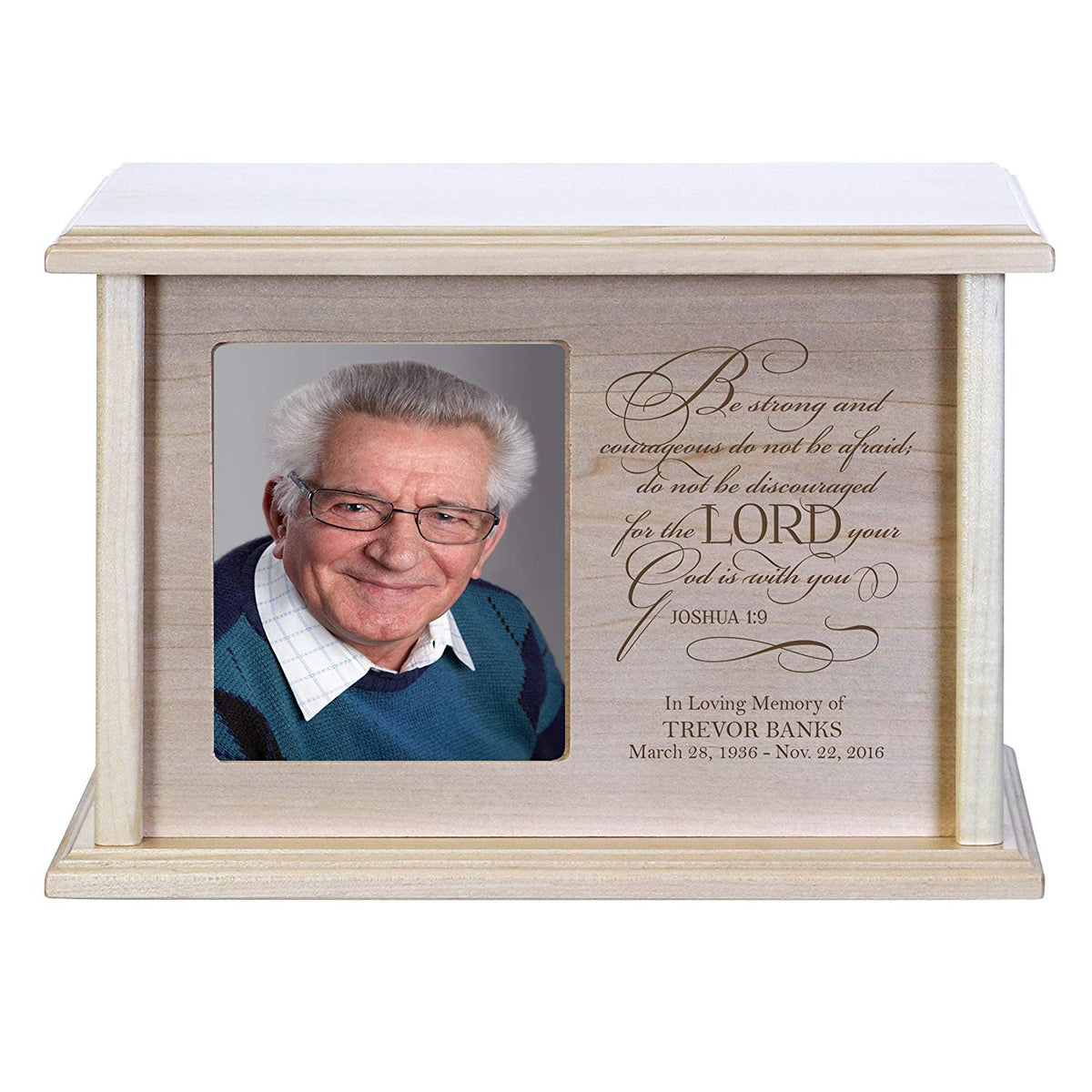 Custom Engraved Solid Wood Cremation Urn Box with 4x6 Photo holds 200 cu in of Human Ashes Be Strong and Courageous - LifeSong Milestones