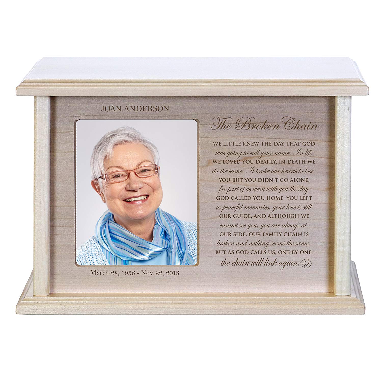Custom Engraved Solid Wood Cremation Urn Box with 4x6 Photo holds 200 cu in of Human Ashes The Broken Chain - LifeSong Milestones