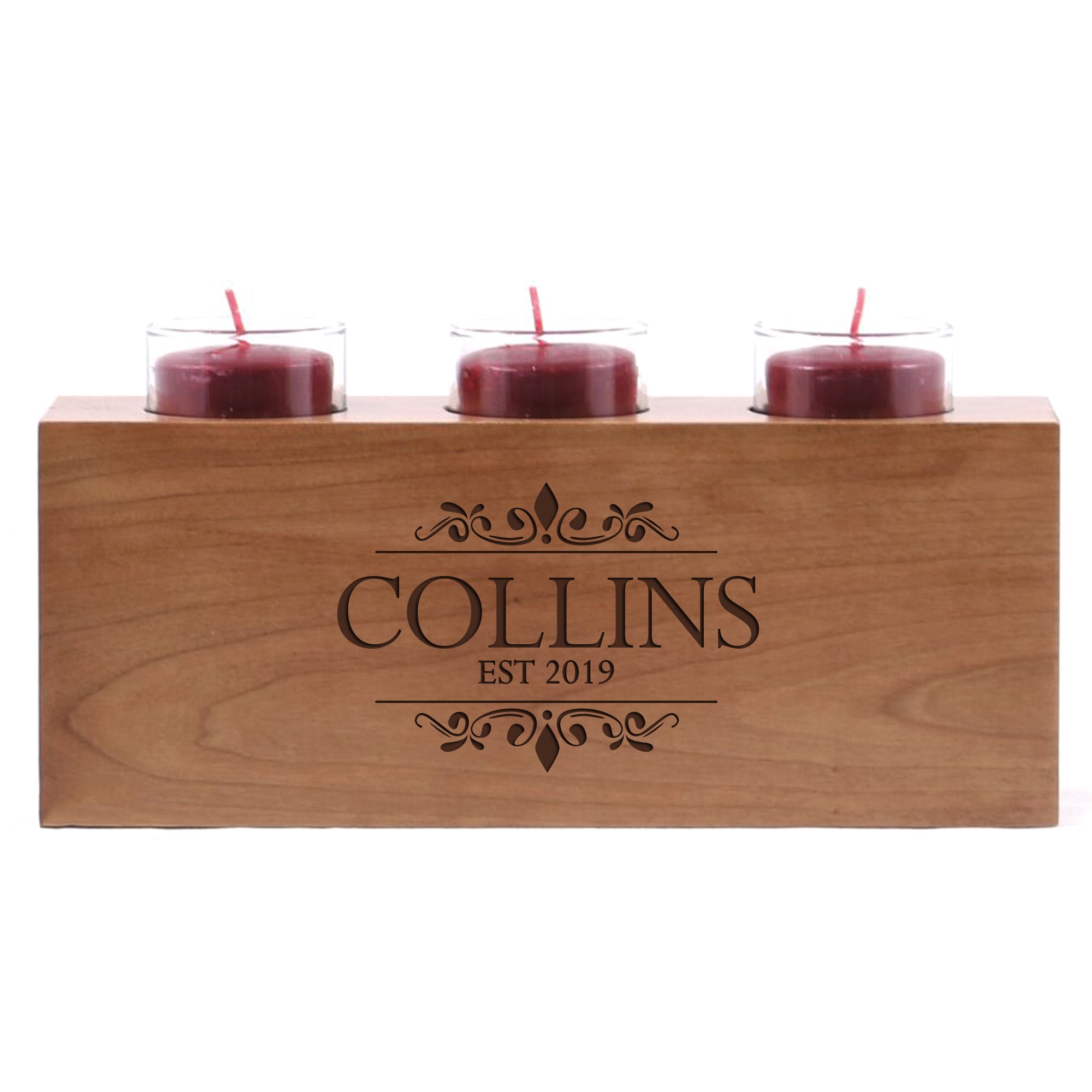 Custom Engraved Three Votive Wedding Cherry Candle Holder - Names & Dates - LifeSong Milestones