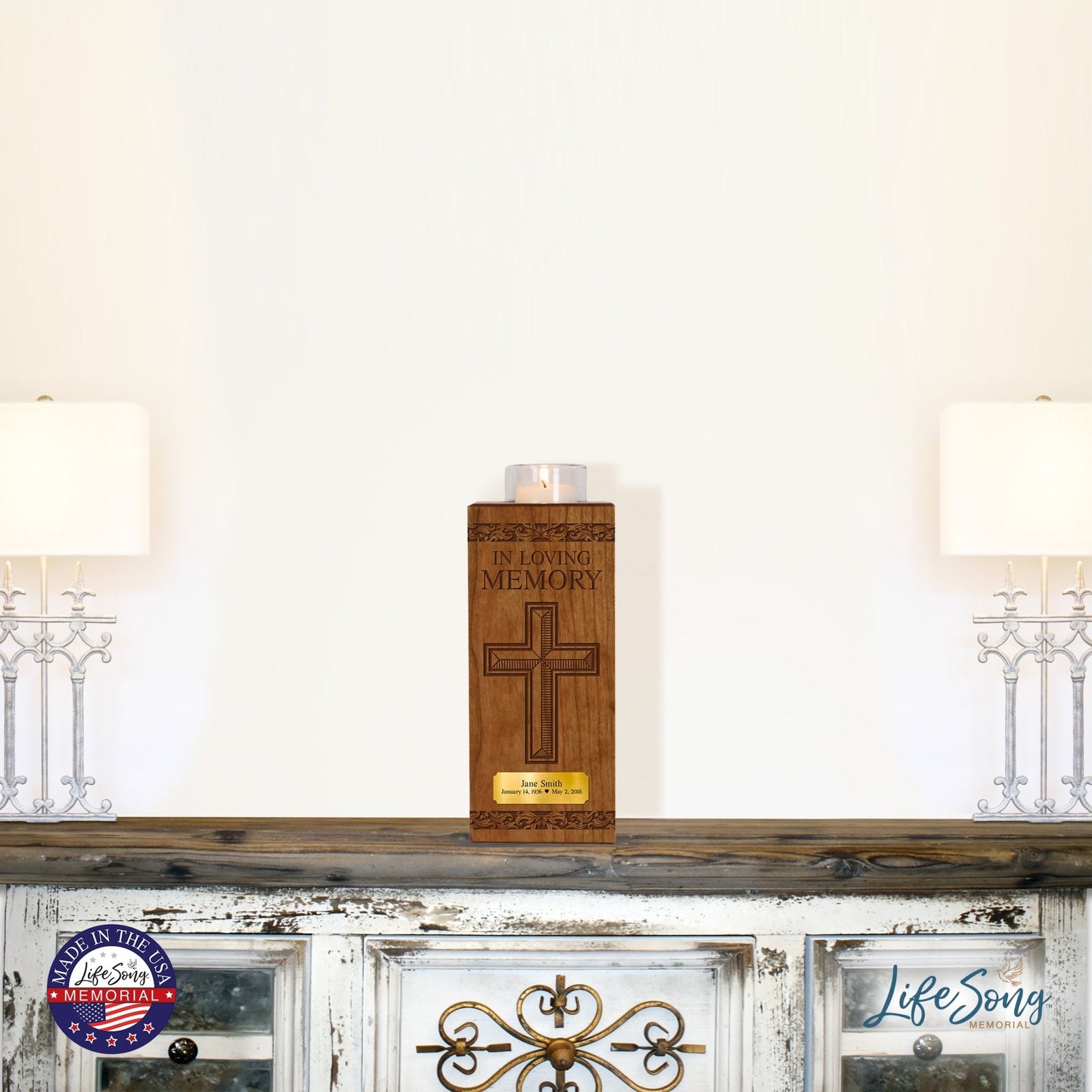 Custom Engraved Vertical 10x4 Memorial Votive Candle Holder and Keepsake Urn Box Holds 70 Cu Inches Of Human Ashes In Loving Memory Cross - LifeSong Milestones