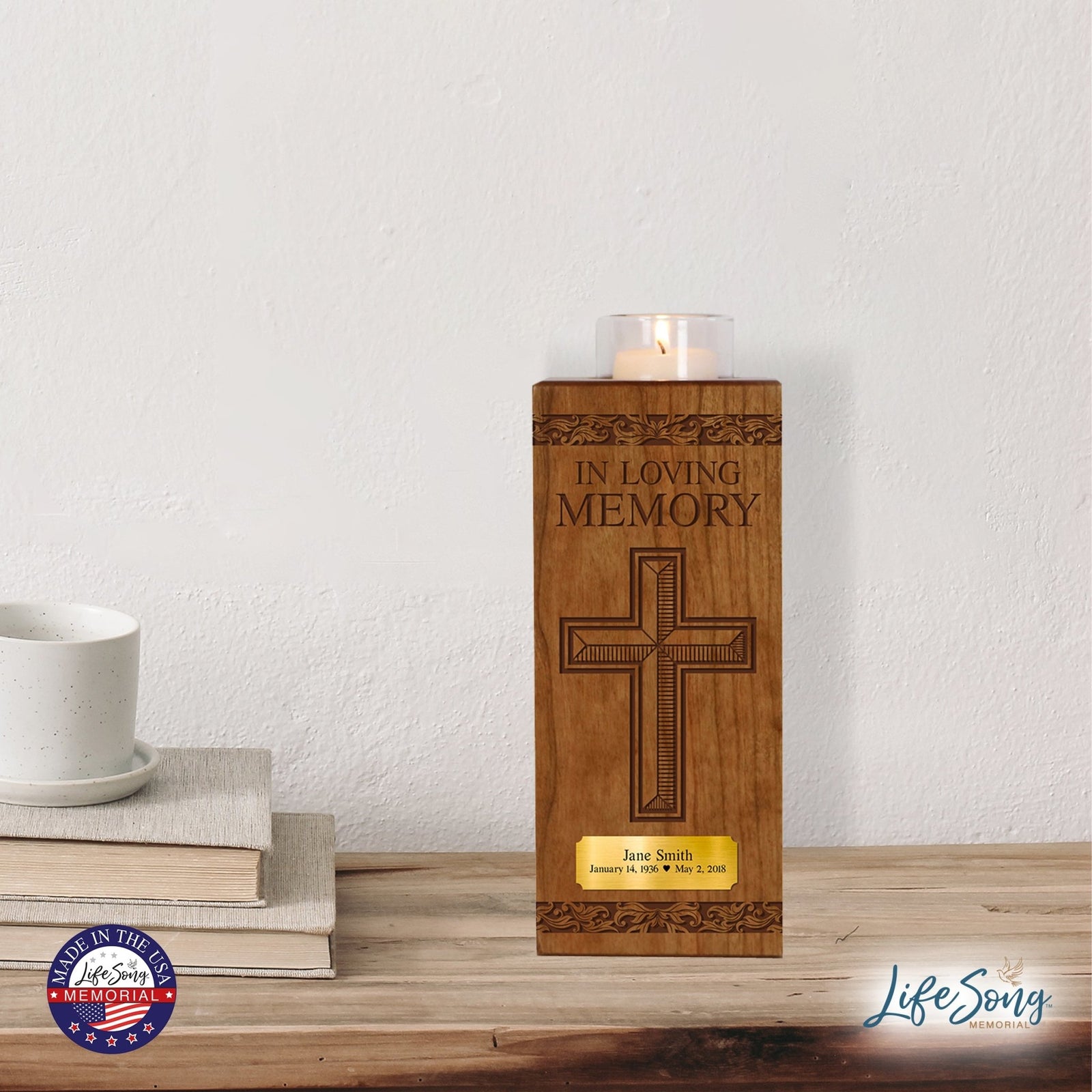 Custom Engraved Vertical 10x4 Memorial Votive Candle Holder and Keepsake Urn Box Holds 70 Cu Inches Of Human Ashes In Loving Memory Cross - LifeSong Milestones