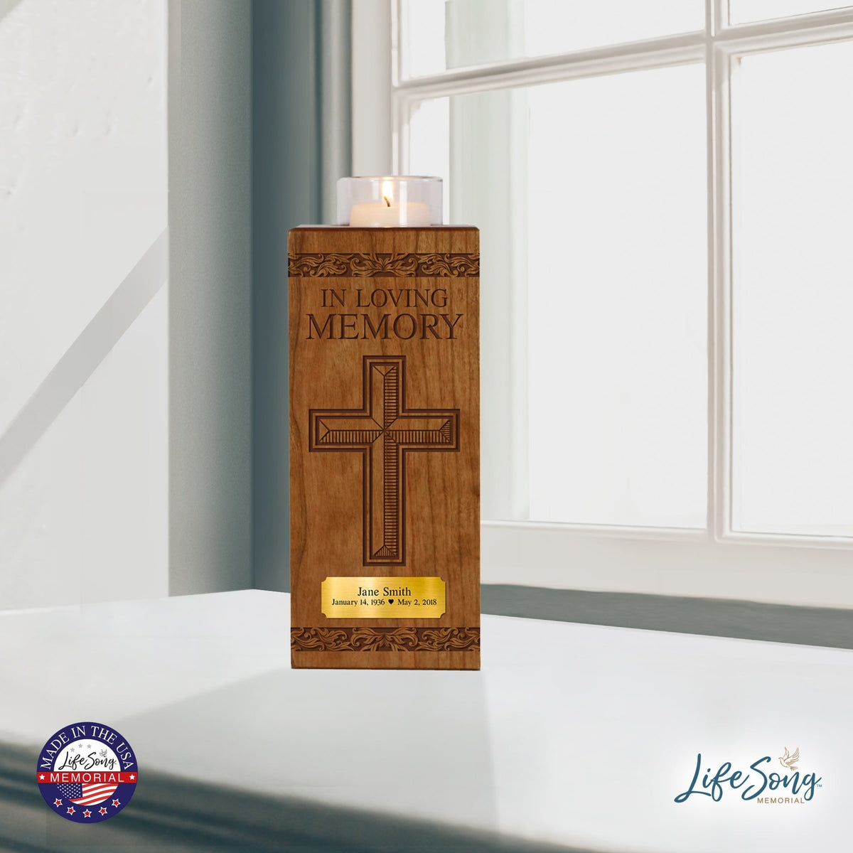 Custom Engraved Vertical 10x4 Memorial Votive Candle Holder and Keepsake Urn Box Holds 70 Cu Inches Of Human Ashes In Loving Memory Cross - LifeSong Milestones