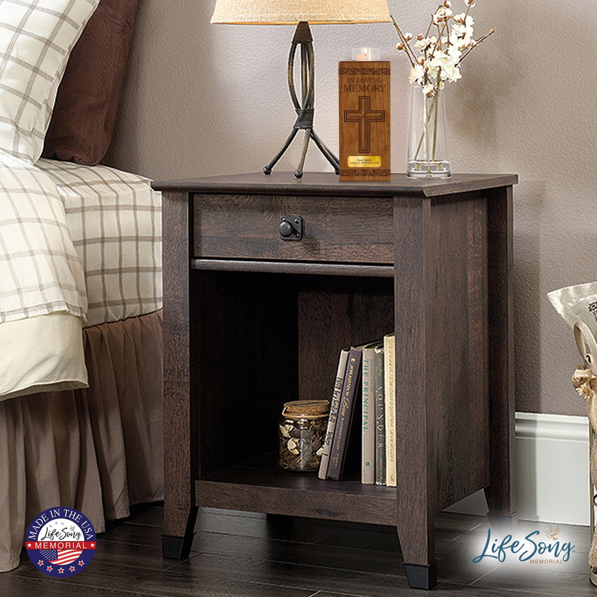 Custom Engraved Vertical 10x4 Memorial Votive Candle Holder and Keepsake Urn Box Holds 70 Cu Inches Of Human Ashes In Loving Memory Cross - LifeSong Milestones