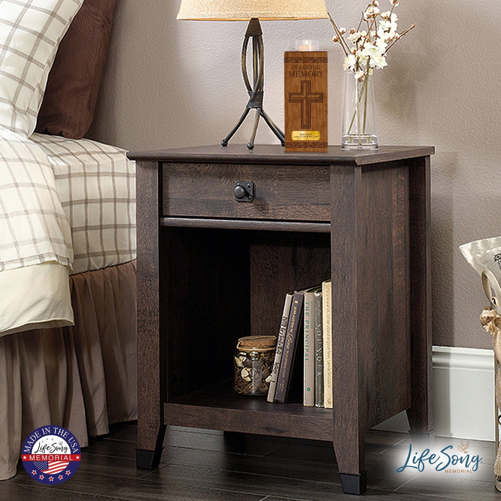 Custom Engraved Vertical 10x4 Memorial Votive Candle Holder and Keepsake Urn Box Holds 70 Cu Inches Of Human Ashes In Loving Memory Cross - LifeSong Milestones