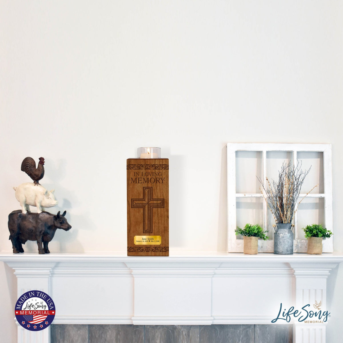 Custom Engraved Vertical 10x4 Memorial Votive Candle Holder and Keepsake Urn Box Holds 70 Cu Inches Of Human Ashes In Loving Memory Cross - LifeSong Milestones