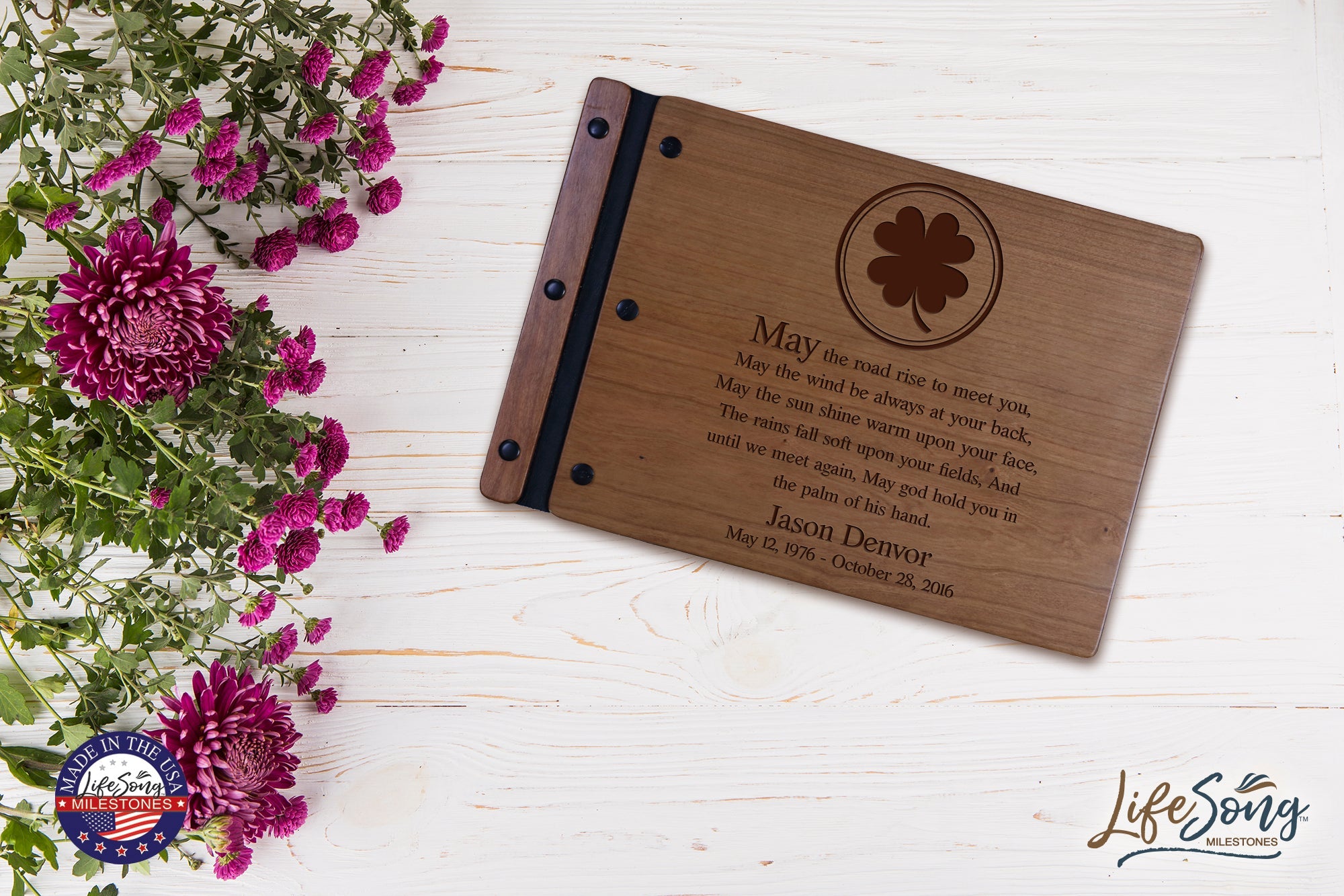 Custom Engraved Wooden Memorial Guestbook 12.375” x 8.5” x .75” May The Road Rise To Meet You - LifeSong Milestones