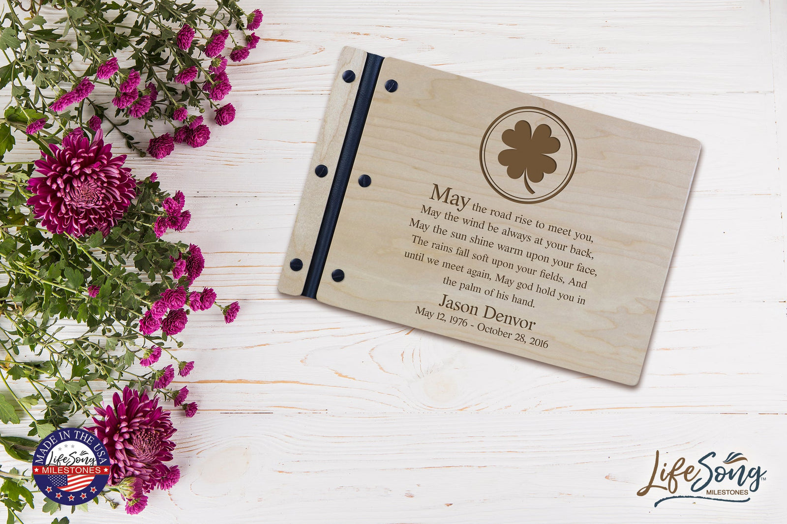 Custom Engraved Wooden Memorial Guestbook 12.375” x 8.5” x .75” May The Road Rise To Meet You - LifeSong Milestones