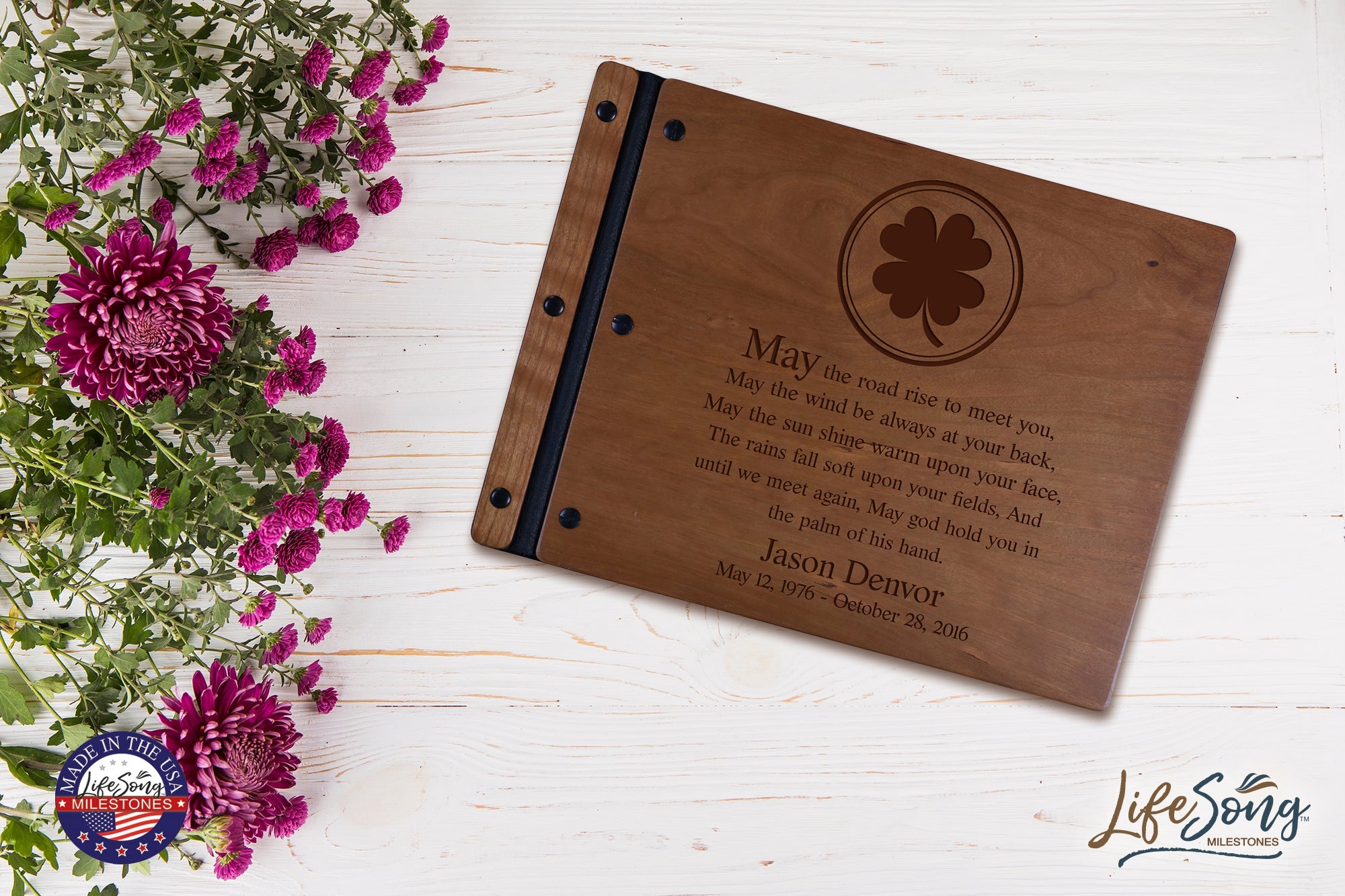 Custom Engraved Wooden Memorial Guestbook 13.375” x 10” x .75” May The Road Rise To Meet You - LifeSong Milestones