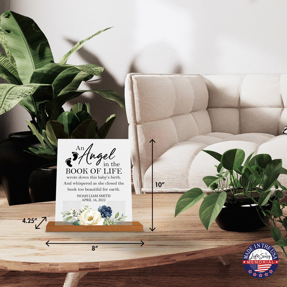 Custom Frosted Acrylic Sign Tealight Candle Holder with Base - An Angel In The Book of Life - LifeSong Milestones