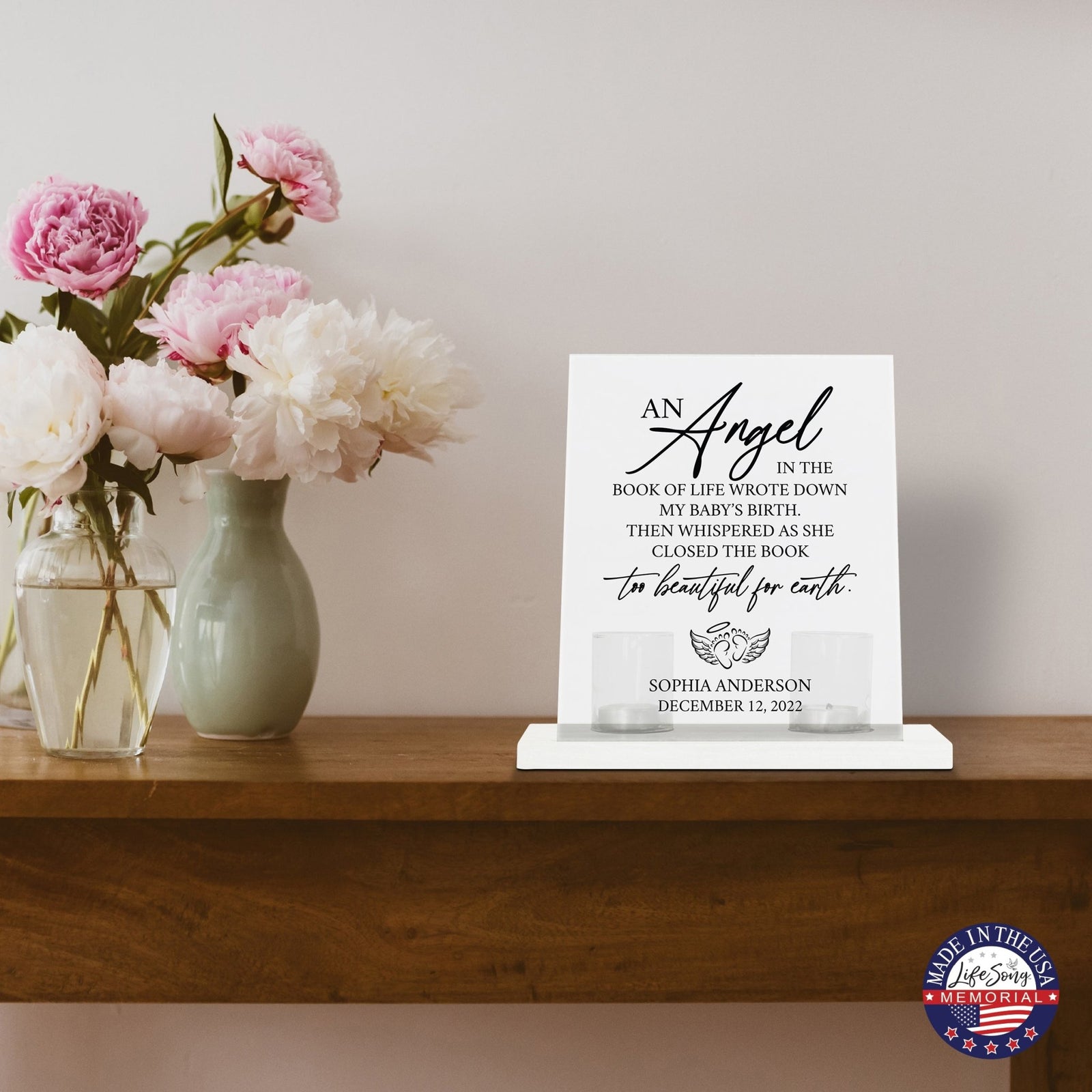 Custom Frosted Acrylic Sign Tealight Candle Holder with Base - An Angel In The Book of Life - LifeSong Milestones