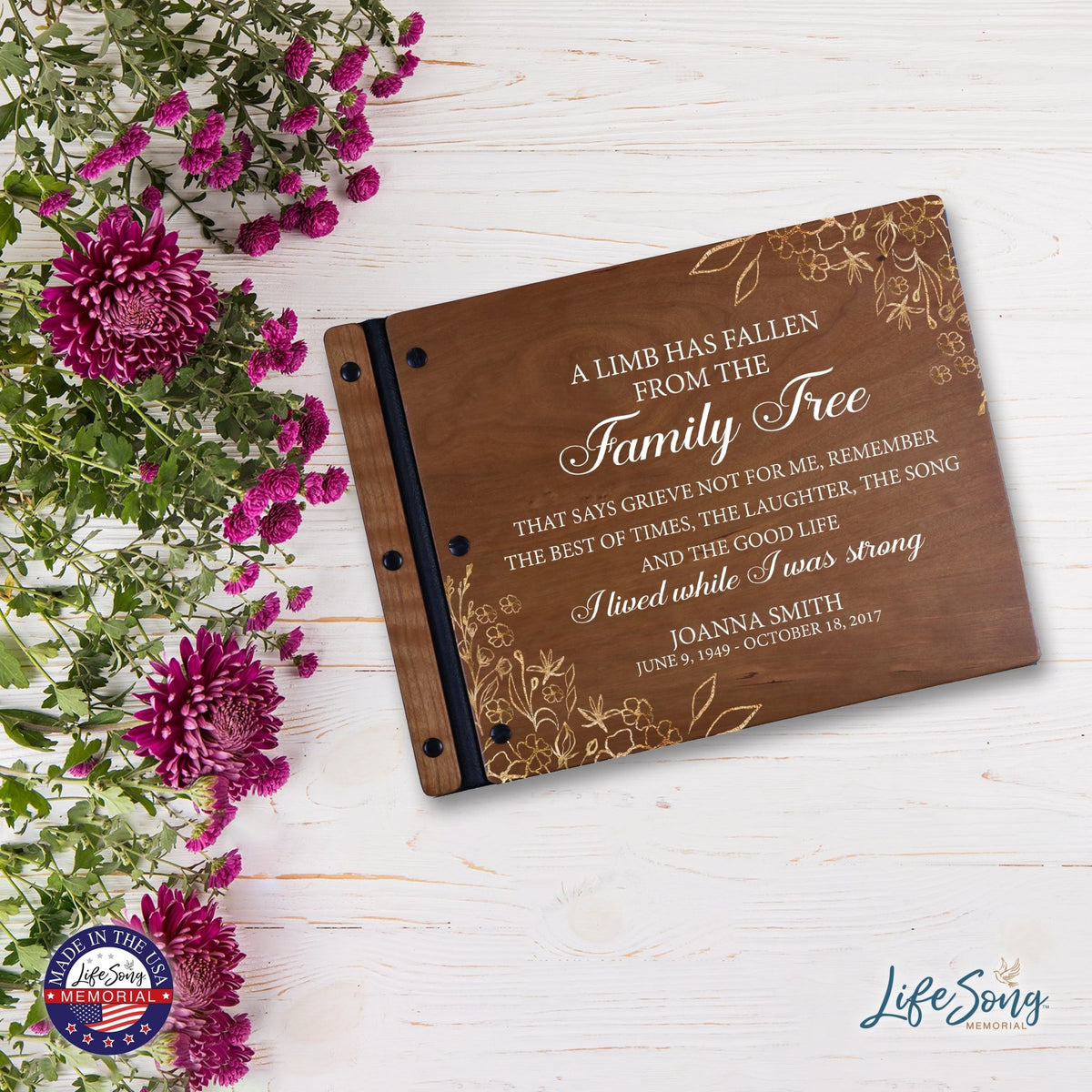 Custom Large Wooden Memorial Guestbook 13.375x10in - A Limb Has Fallen (Cherry) - LifeSong Milestones