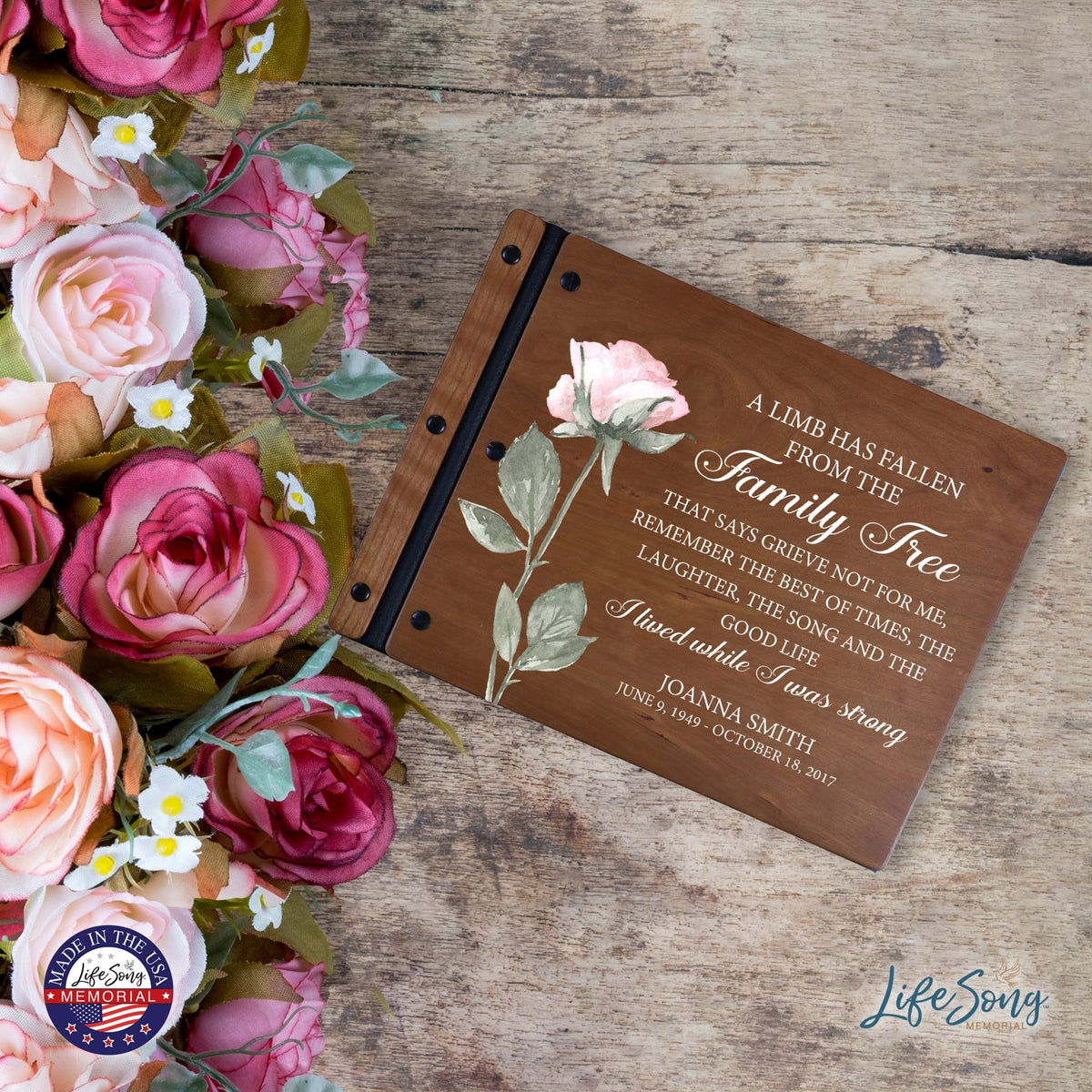 Custom Large Wooden Memorial Guestbook 13.375x10in - A Limb Has Fallen (Cherry) - LifeSong Milestones