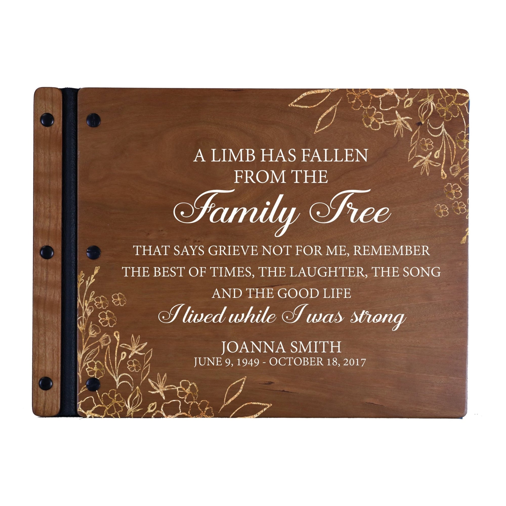 Custom Large Wooden Memorial Guestbook 13.375x10in - A Limb Has Fallen (Cherry) - LifeSong Milestones