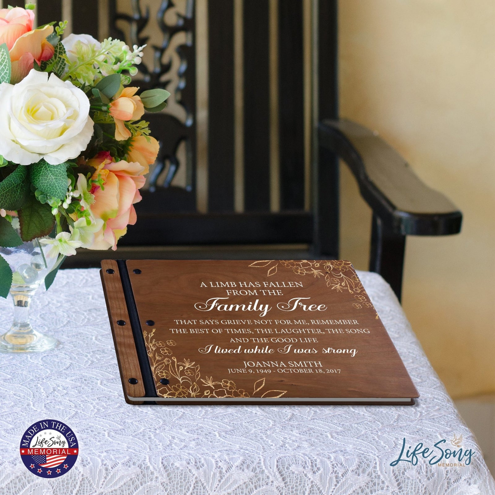 Custom Large Wooden Memorial Guestbook 13.375x10in - A Limb Has Fallen (Cherry) - LifeSong Milestones