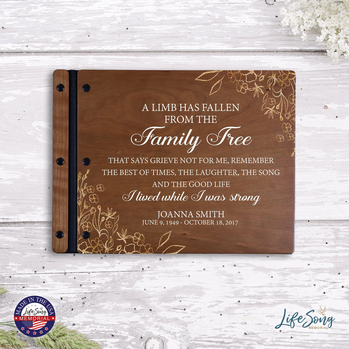 Custom Large Wooden Memorial Guestbook 13.375x10in - A Limb Has Fallen (Cherry) - LifeSong Milestones