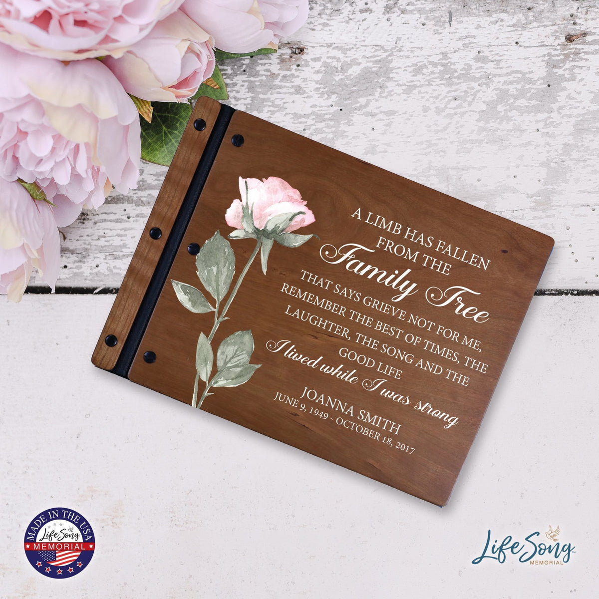 Custom Large Wooden Memorial Guestbook 13.375x10in - A Limb Has Fallen (Cherry) - LifeSong Milestones