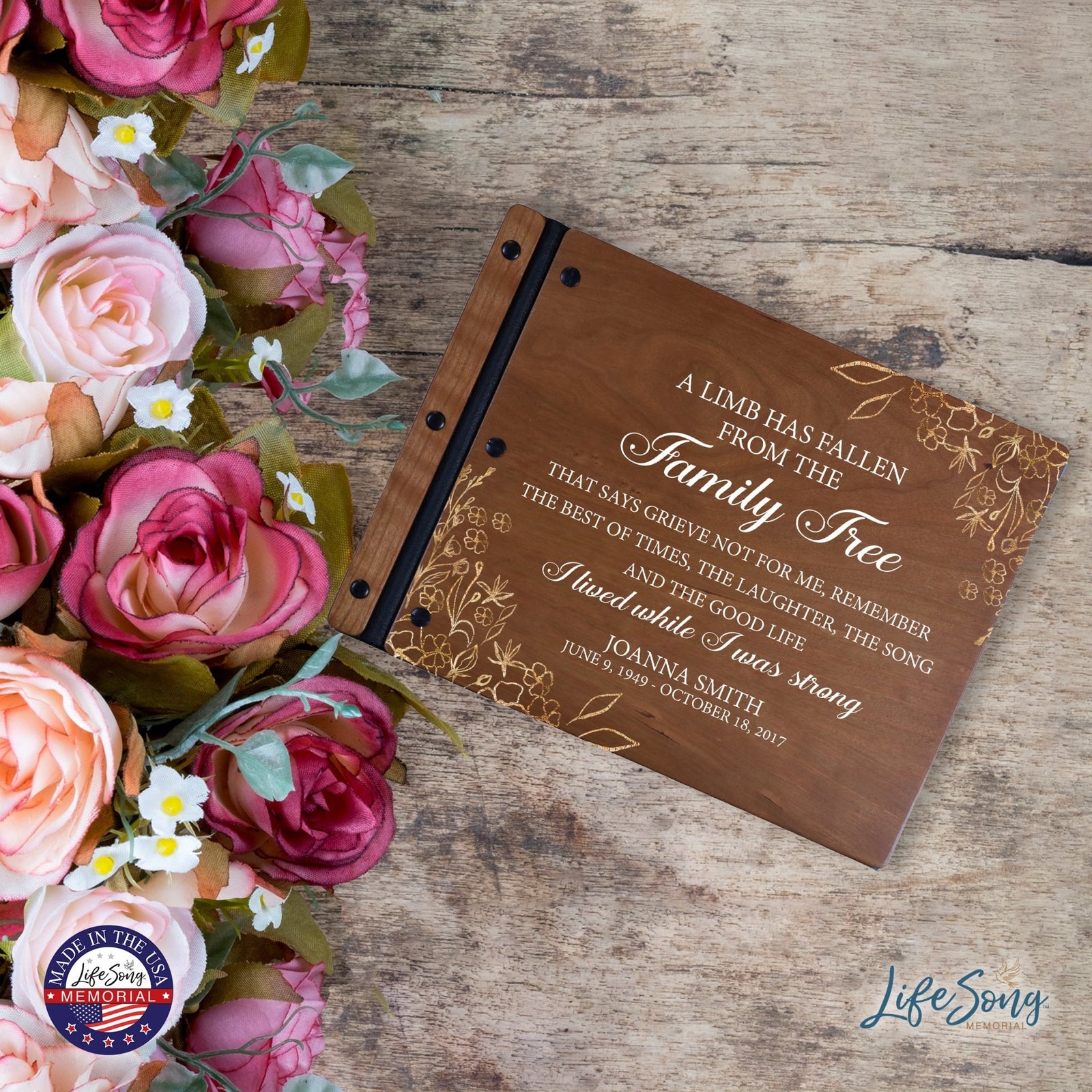 Custom Large Wooden Memorial Guestbook 13.375x10in - A Limb Has Fallen (Cherry) - LifeSong Milestones