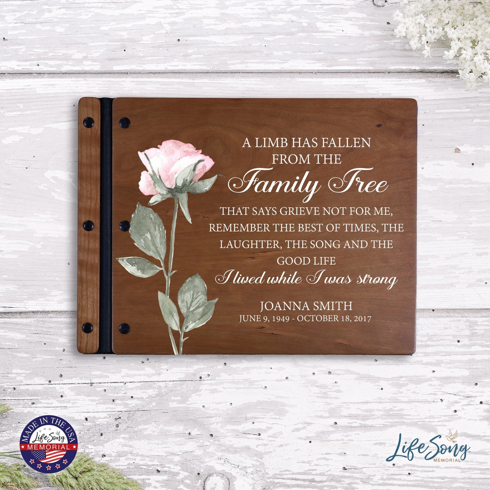 Custom Large Wooden Memorial Guestbook 13.375x10in - A Limb Has Fallen (Cherry) - LifeSong Milestones