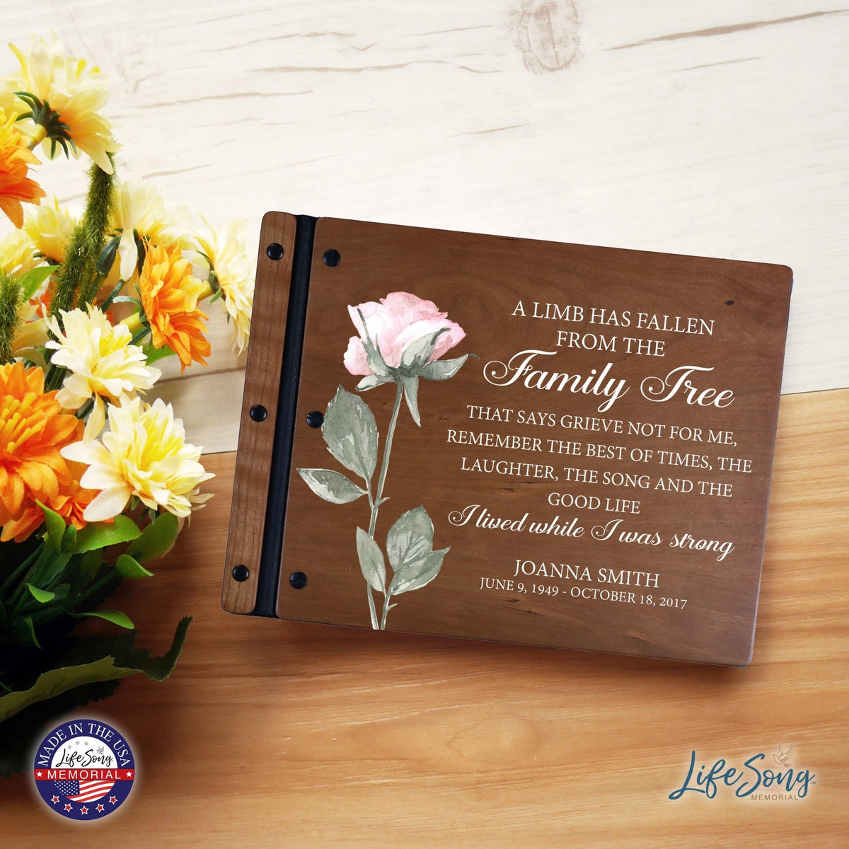 Custom Large Wooden Memorial Guestbook 13.375x10in - A Limb Has Fallen (Cherry) - LifeSong Milestones