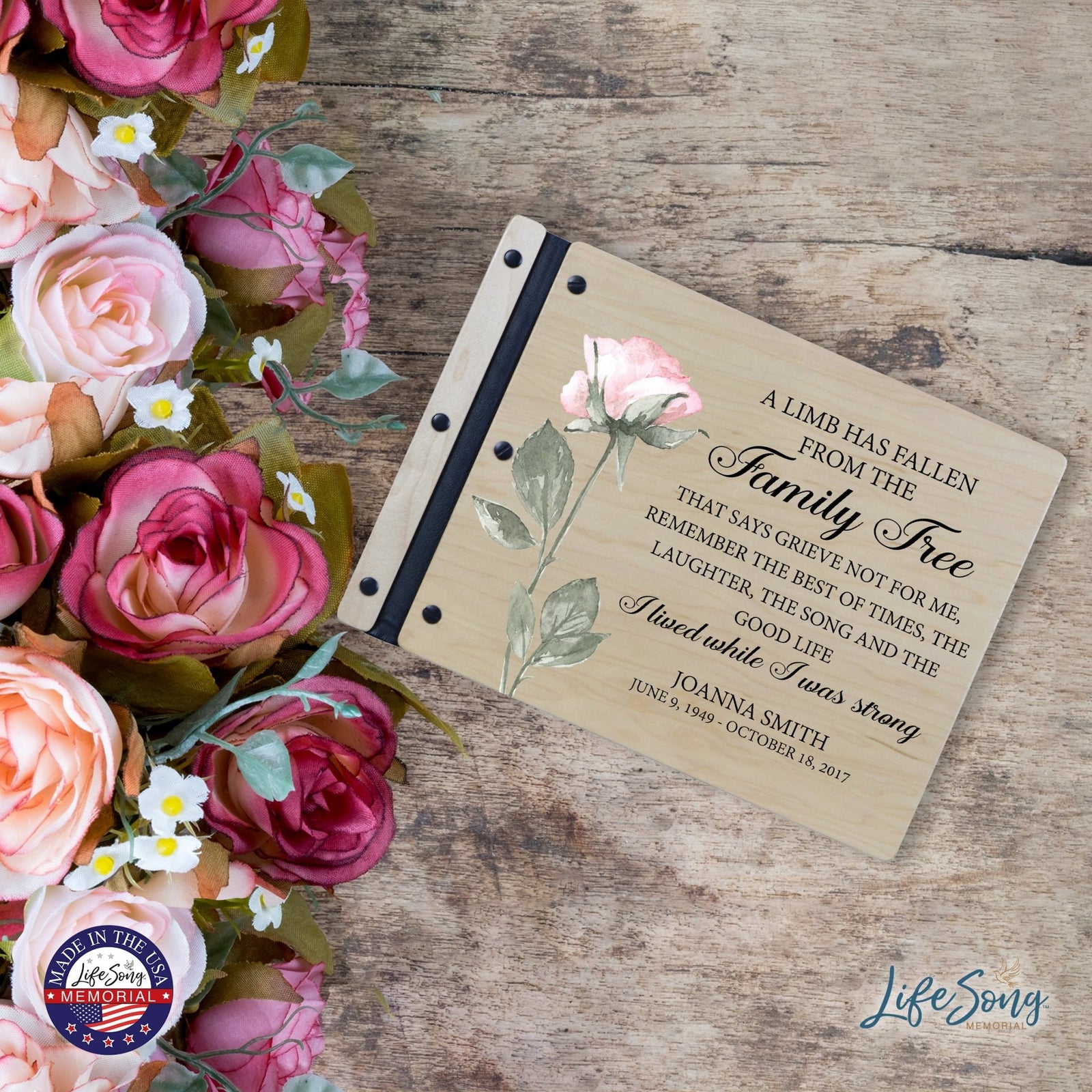 Custom Large Wooden Memorial Guestbook 13.375x10in - A Limb Has Fallen (rose) - LifeSong Milestones