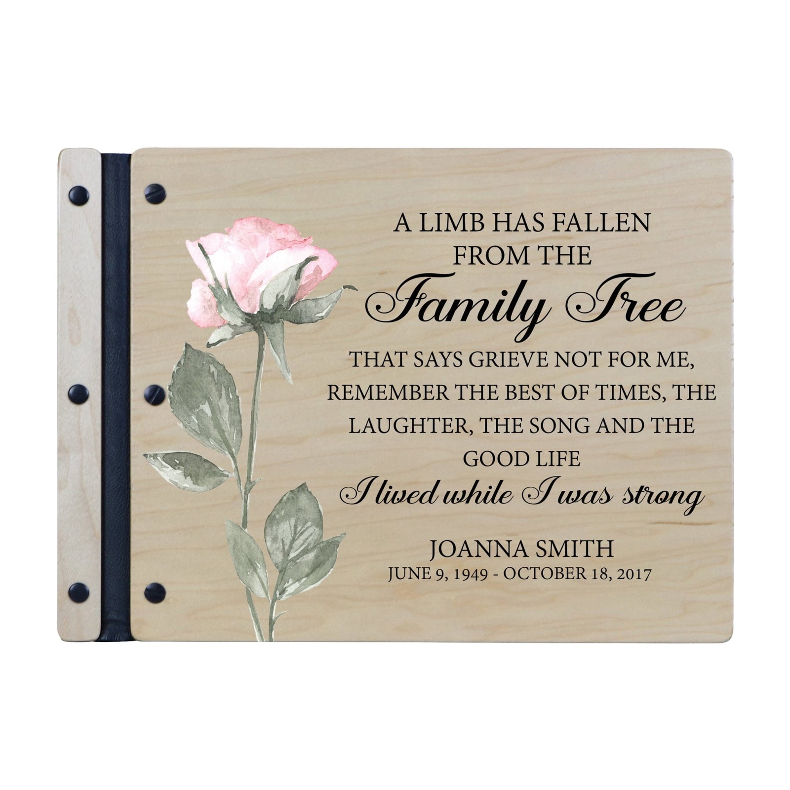 Custom Large Wooden Memorial Guestbook 13.375x10in - A Limb Has Fallen (rose) - LifeSong Milestones