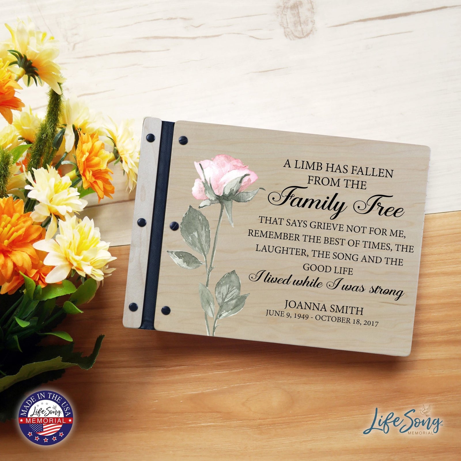 Custom Large Wooden Memorial Guestbook 13.375x10in - A Limb Has Fallen (rose) - LifeSong Milestones