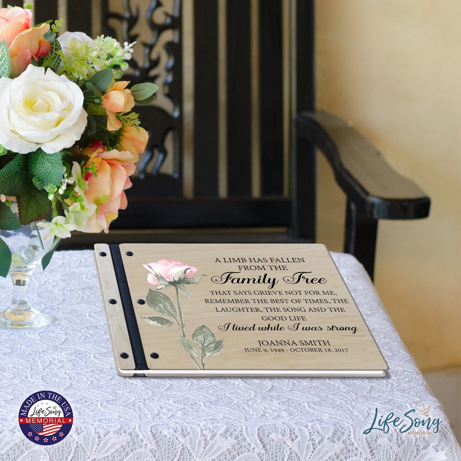Custom Large Wooden Memorial Guestbook 13.375x10in - A Limb Has Fallen (rose) - LifeSong Milestones