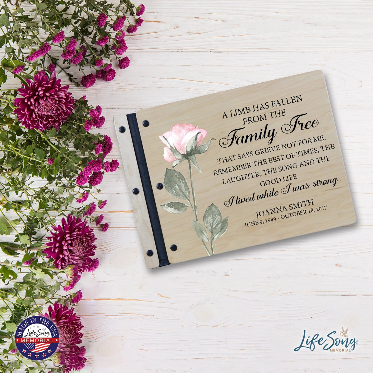Custom Large Wooden Memorial Guestbook 13.375x10in - A Limb Has Fallen (rose) - LifeSong Milestones