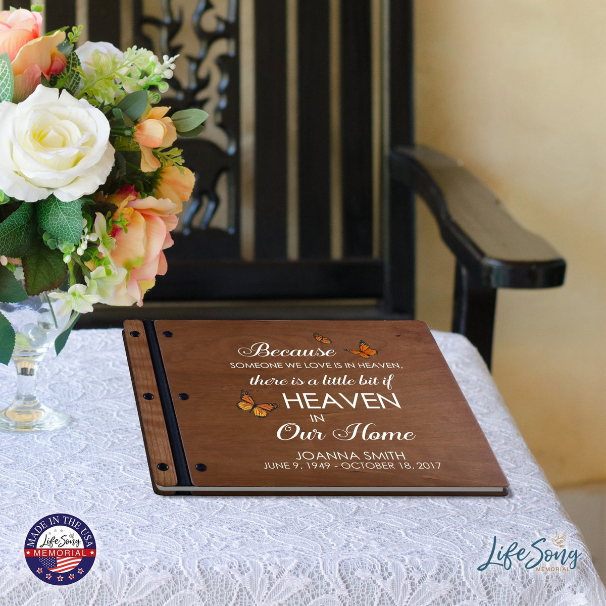 Custom Large Wooden Memorial Guestbook 13.375x10in - Because Someone (Cherry) - LifeSong Milestones