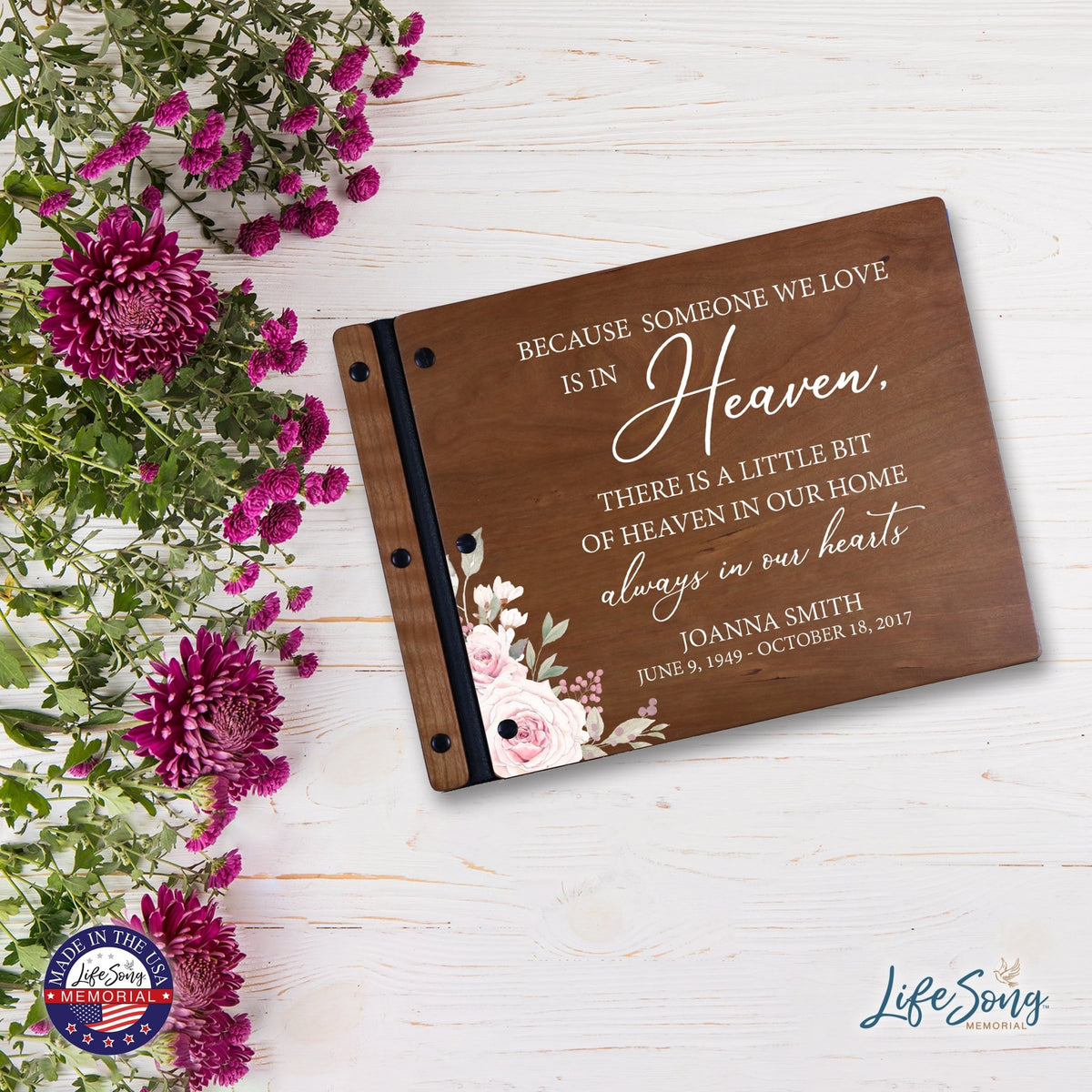 Custom Large Wooden Memorial Guestbook 13.375x10in - Because Someone (Cherry) - LifeSong Milestones