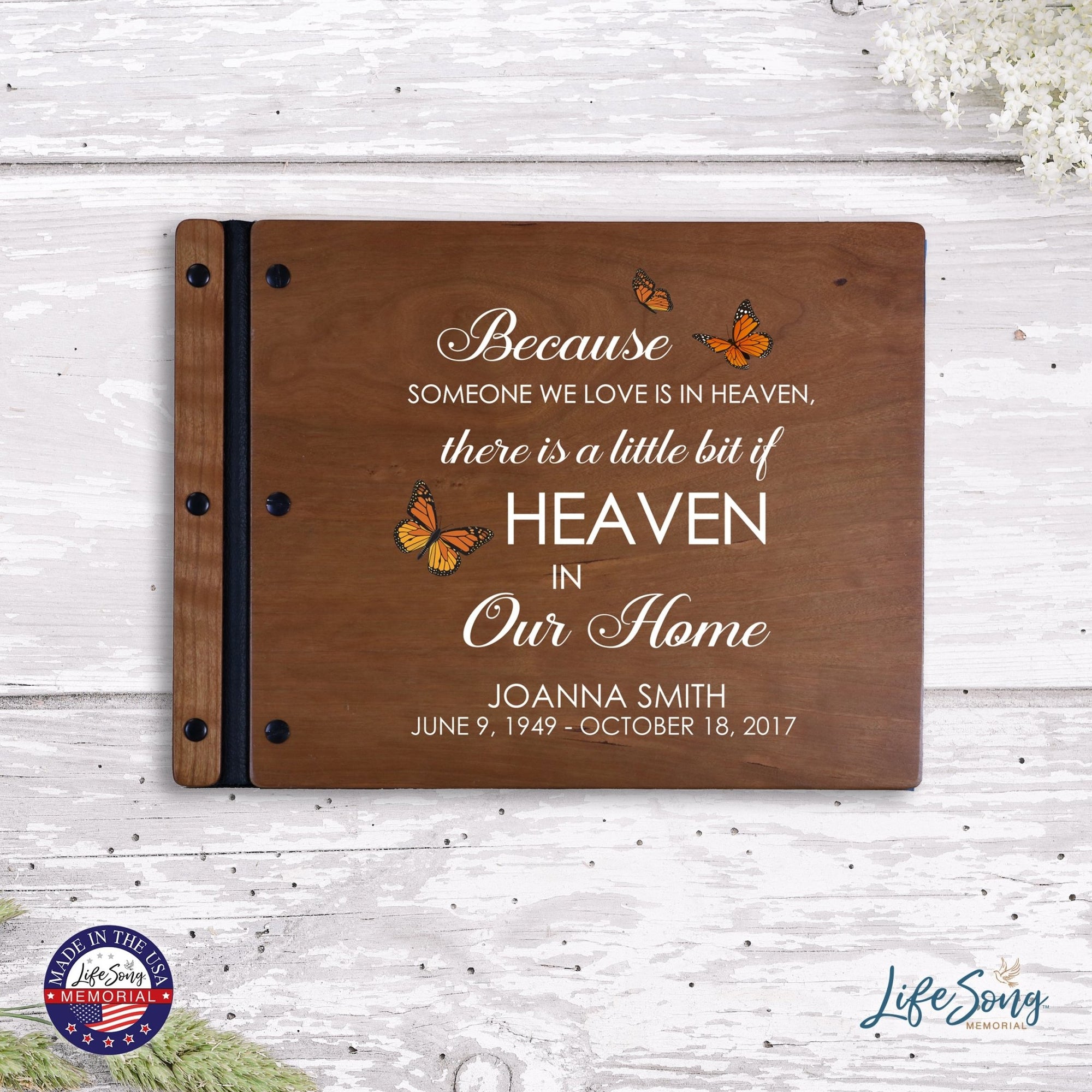 Custom Large Wooden Memorial Guestbook 13.375x10in - Because Someone (Cherry) - LifeSong Milestones