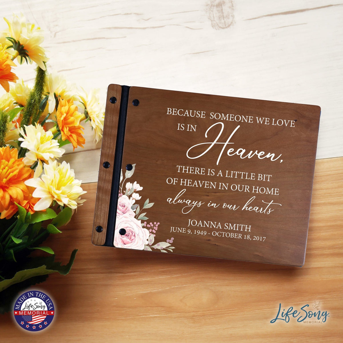 Custom Large Wooden Memorial Guestbook 13.375x10in - Because Someone (Cherry) - LifeSong Milestones