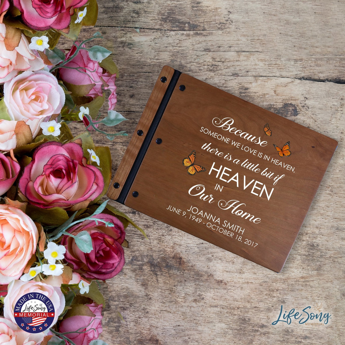 Custom Large Wooden Memorial Guestbook 13.375x10in - Because Someone (Cherry) - LifeSong Milestones