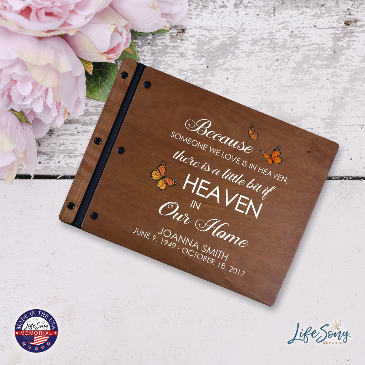 Custom Large Wooden Memorial Guestbook 13.375x10in - Because Someone (Cherry) - LifeSong Milestones