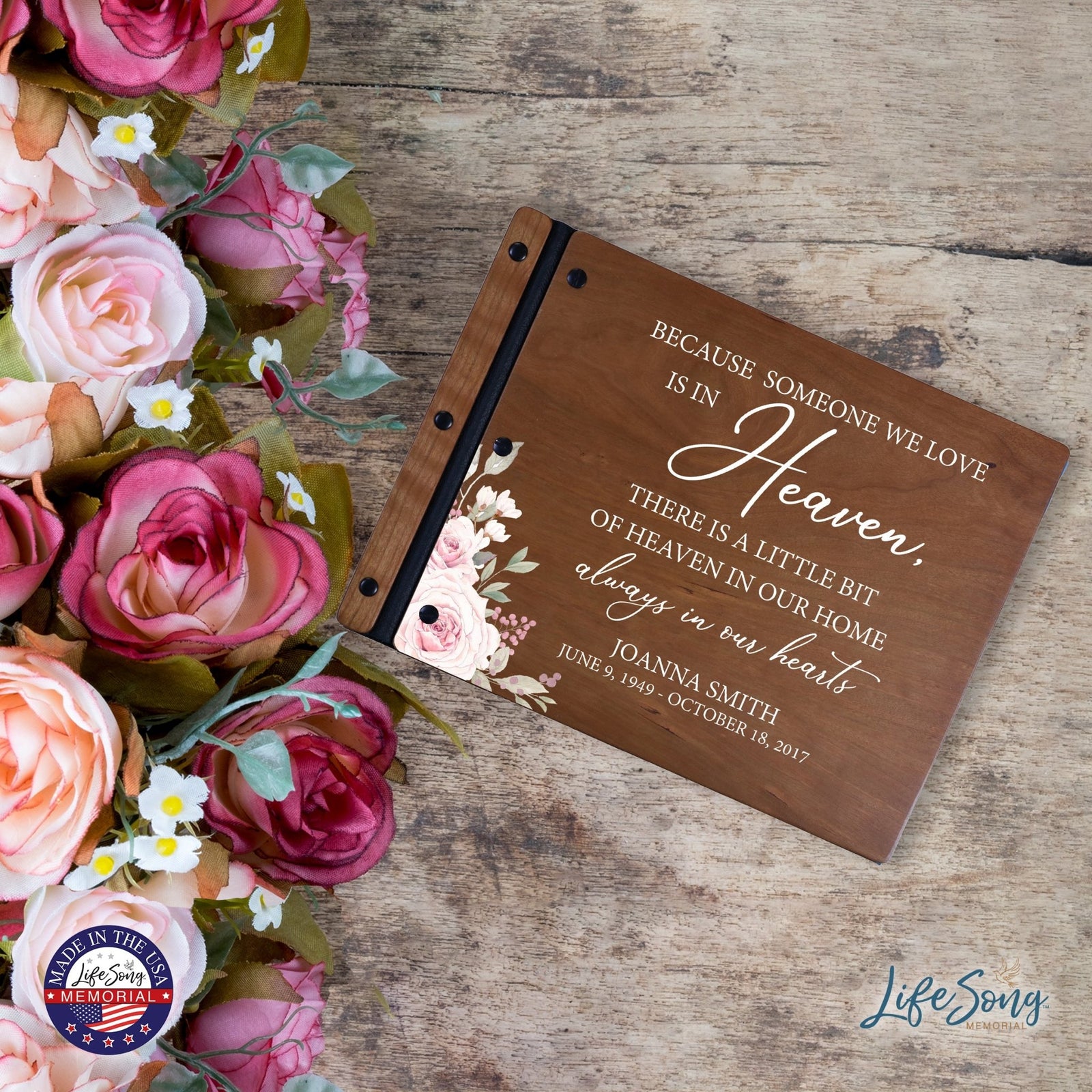 Custom Large Wooden Memorial Guestbook 13.375x10in - Because Someone (Cherry) - LifeSong Milestones