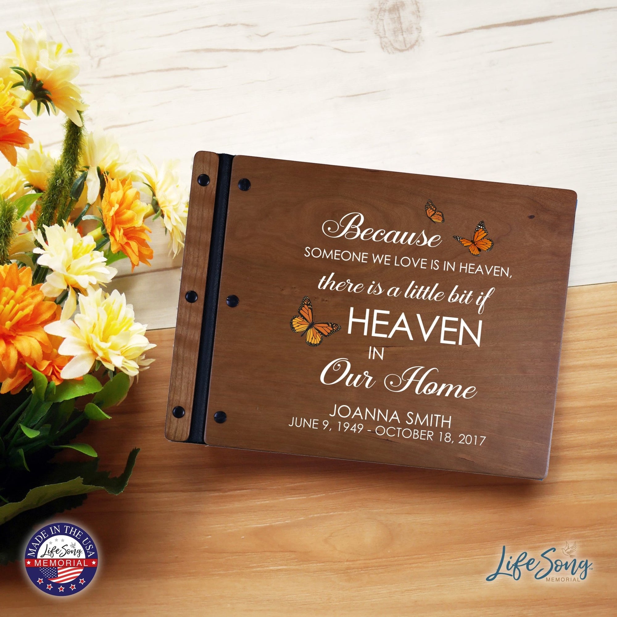 Custom Large Wooden Memorial Guestbook 13.375x10in - Because Someone (Cherry) - LifeSong Milestones
