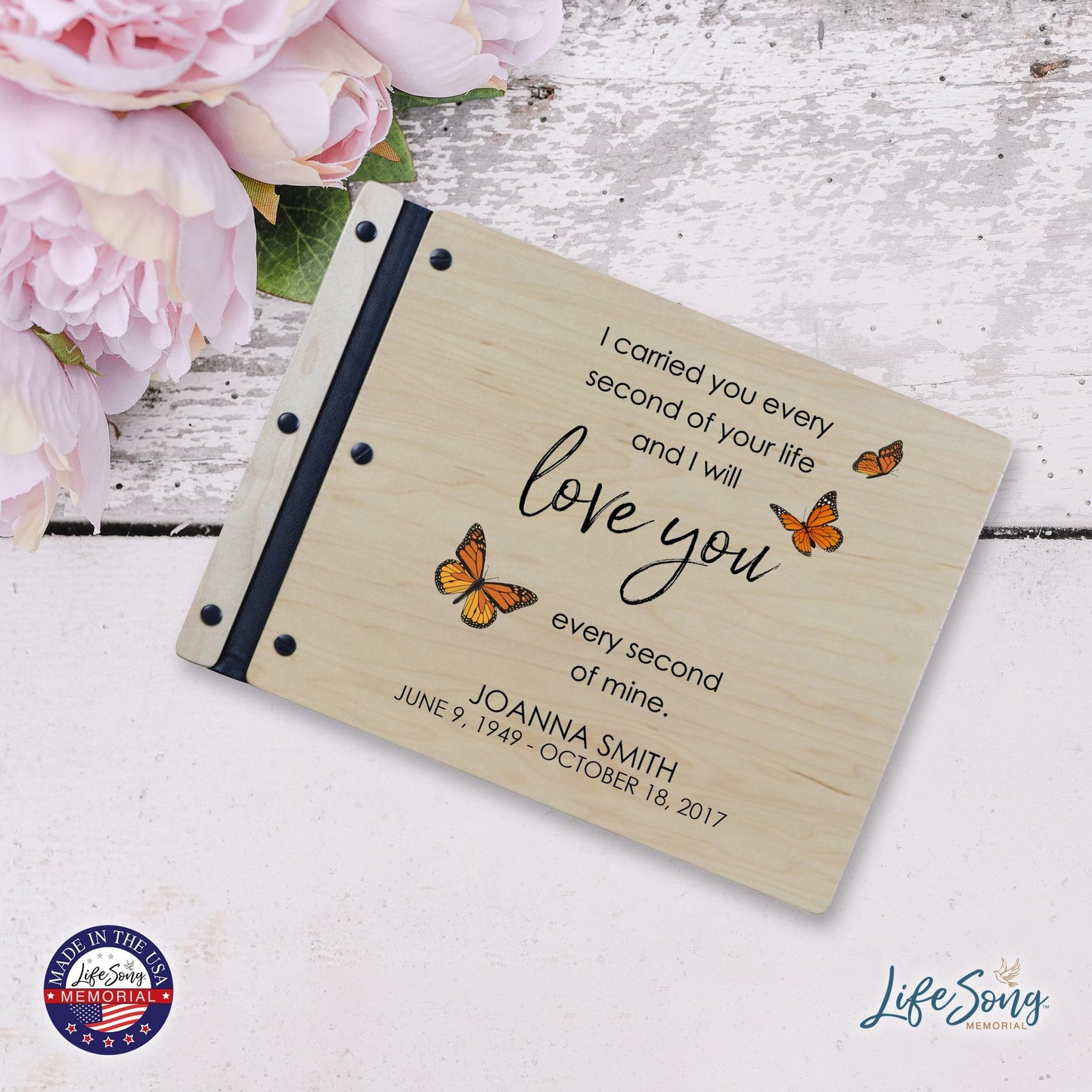 Custom Large Wooden Memorial Guestbook 13.375x10in - I Carried You (Butterflies) - LifeSong Milestones