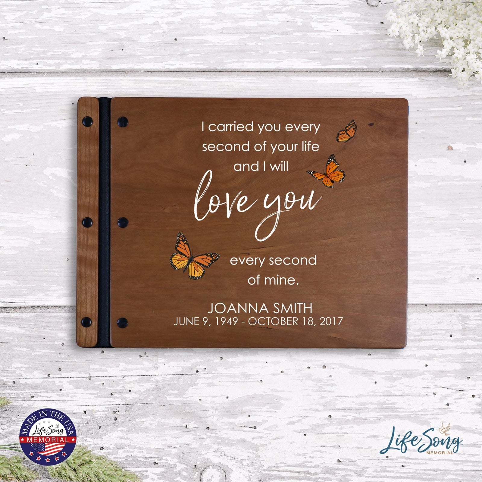Custom Large Wooden Memorial Guestbook 13.375x10in - I Carried You (Butterflies) - LifeSong Milestones