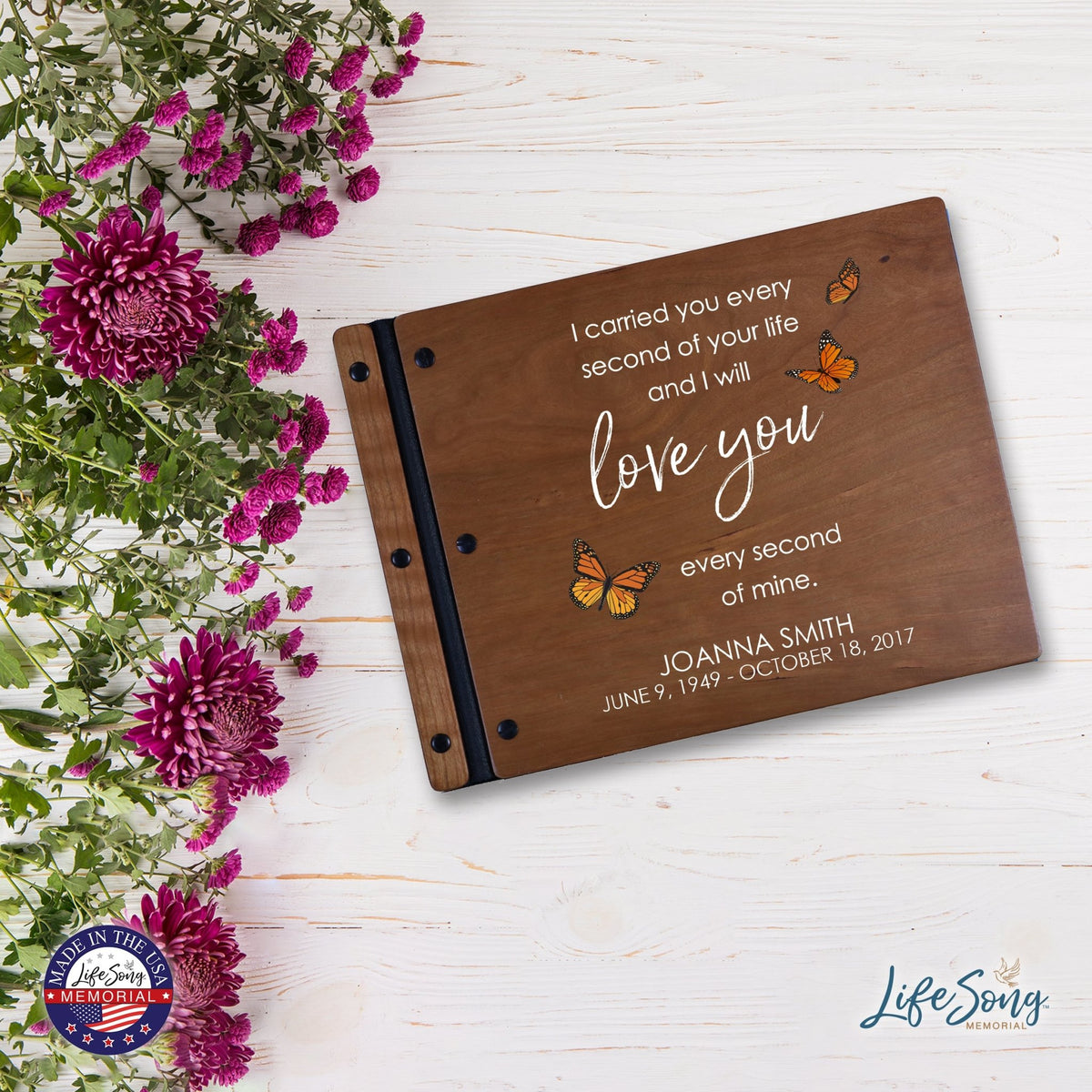 Custom Large Wooden Memorial Guestbook 13.375x10in - I Carried You (Butterflies) - LifeSong Milestones