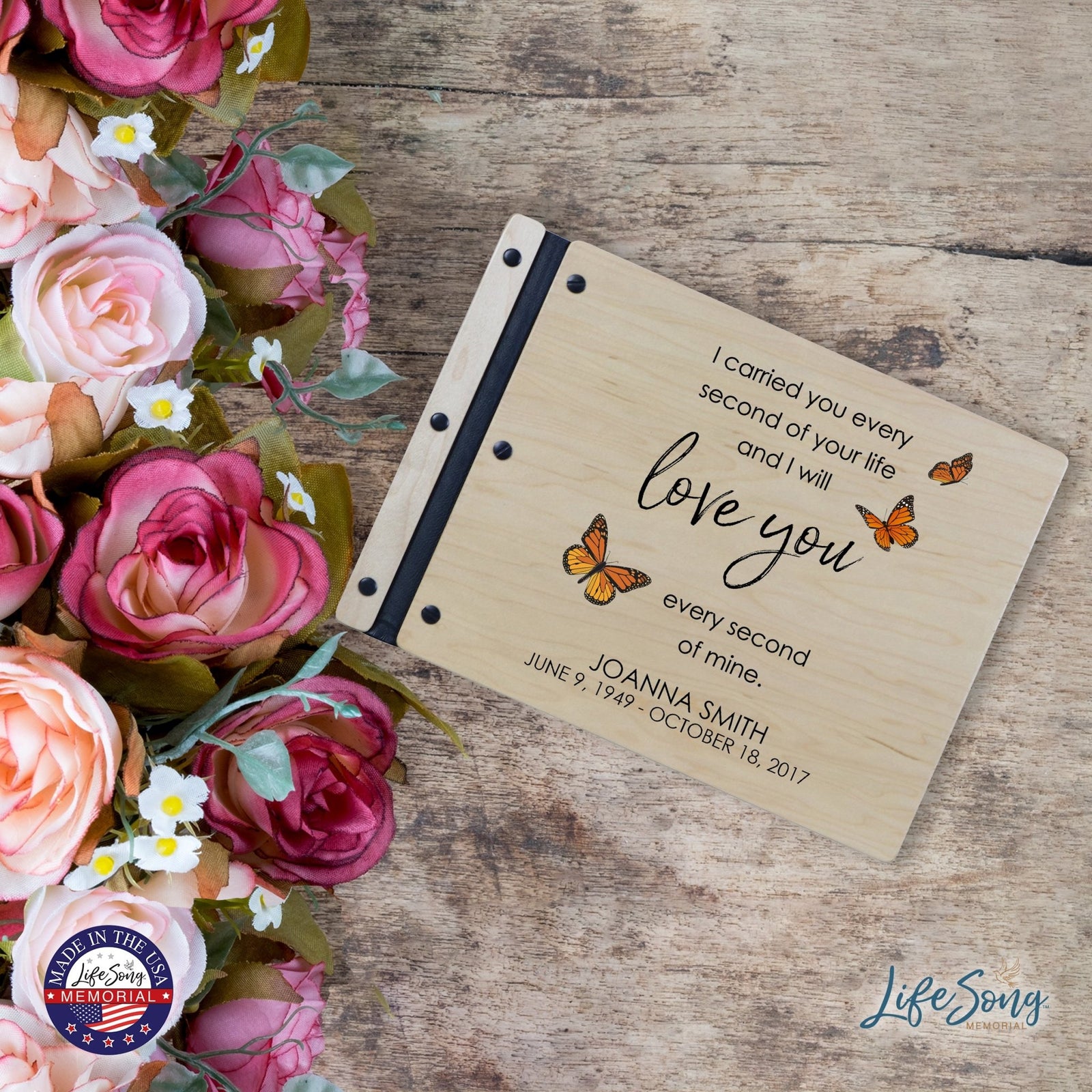 Custom Large Wooden Memorial Guestbook 13.375x10in - I Carried You (Butterflies) - LifeSong Milestones